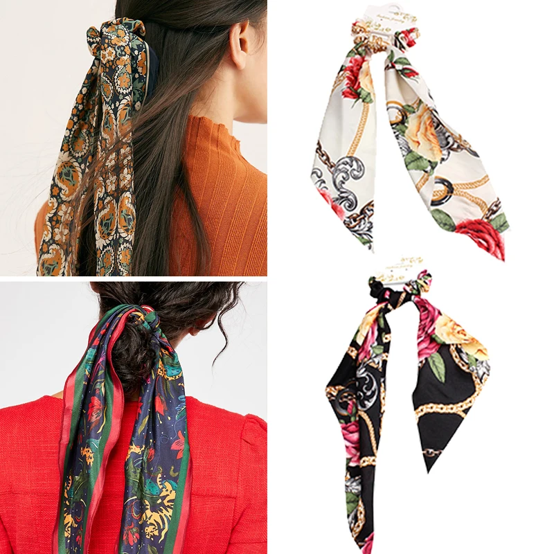 

2019 New Elegant Scrunchie For Women Girls Elastic Hairband Floral Pattern Bowknot Headband Ribbon Hair Scarf Hair Accessories