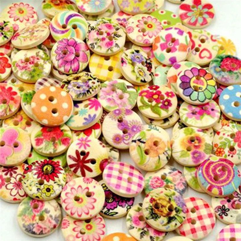 100pcs 2 Holes Wood Buttons Craft Handmake Scrapbooking Sewing Clothing Accessories 15mm Flower Painted Buttons Sewing Crafts (1)