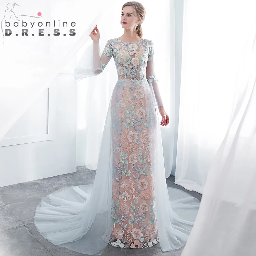 

Robe de Soiree Longue Mermaid Blue Appliques Three Quarter Evening Dress Illusion Evening Dresses Long Evening Gown Prom Dress