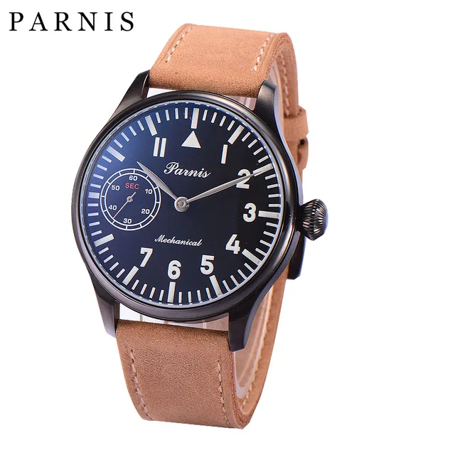 Parnis Mechanical Watch Men Hand Winding Black Case Leather Power Reserve Pilot Military Clock Wrist Watch Relogios Masculinos