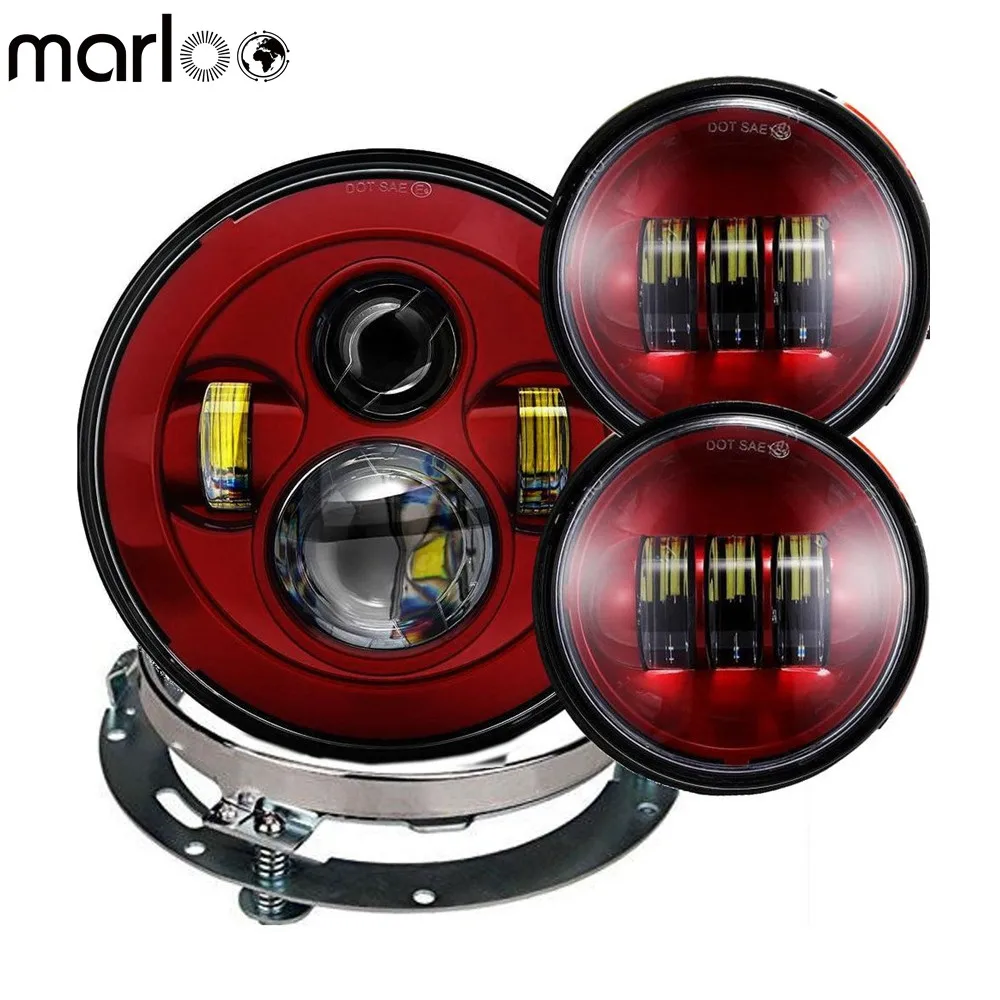 

Marloo Red Harley 7 Inch Round LED Headlight with 4.5" Fog Light For Harley Davidson Motorcycles with Adapter Ring set
