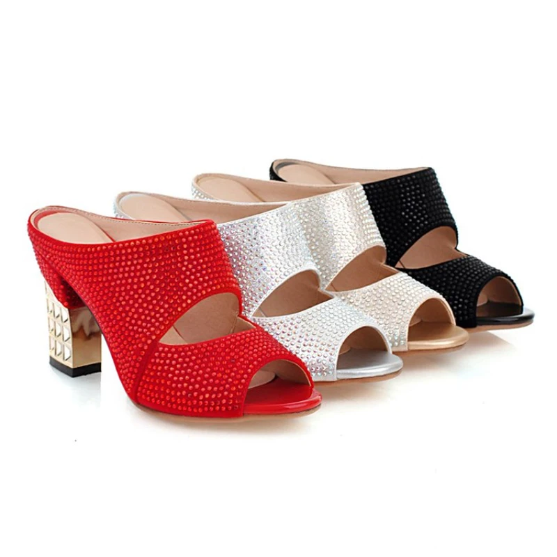 Meotina/пикантная женская обувь; Летние вечерние туфли-шлепанцы с открытым носком; вечерние туфли без задника на высоком каблуке; женские босоножки серебристого и красного цвета со стразами