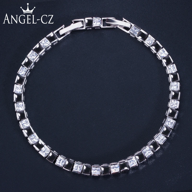 ANGELCZ الأوروبية نمط مجوهرات 46 قطعة الأبيض والأسود مكعب الزركون الأحجار إعداد الفضة اللون سوار للتنس للنساء AB051