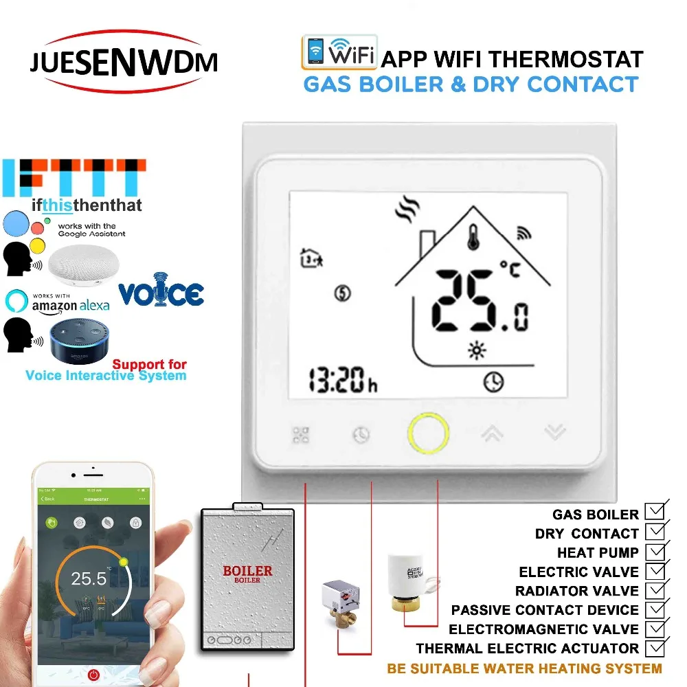 95-240VAC сухой contac, пассивное соединение wifi газовый котел нагревательный термостат 24VAC для водного отопительный радиатор