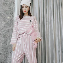 Для женщин в полоску хлопок модные повседневное пижама с длинными рукавами костюм шт. 2 шт. пикантные домашние Lounge подарок