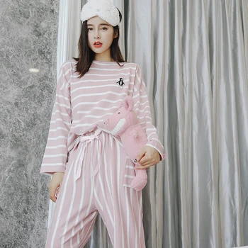 

Women Striped 100% Cotton Fashion Women Casual Long Sleeve Sleepwear Suit 2 Piece Sexy Home Lounge Gift
