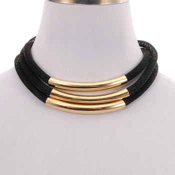 

Wholesale Choker Necklace Black Blue With Gold Tube Popcorn Chain Statement Necklace Jewelry Accessory Women Evening Dress Party