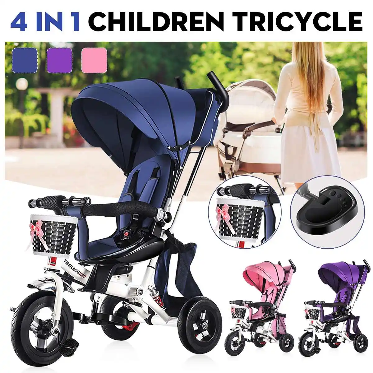 

4 in 1 Baby Trolley Stroller Bikes Kids Ride on Trike Children Tricycle Bike with Shade Cover For 1-3-5 years old Children