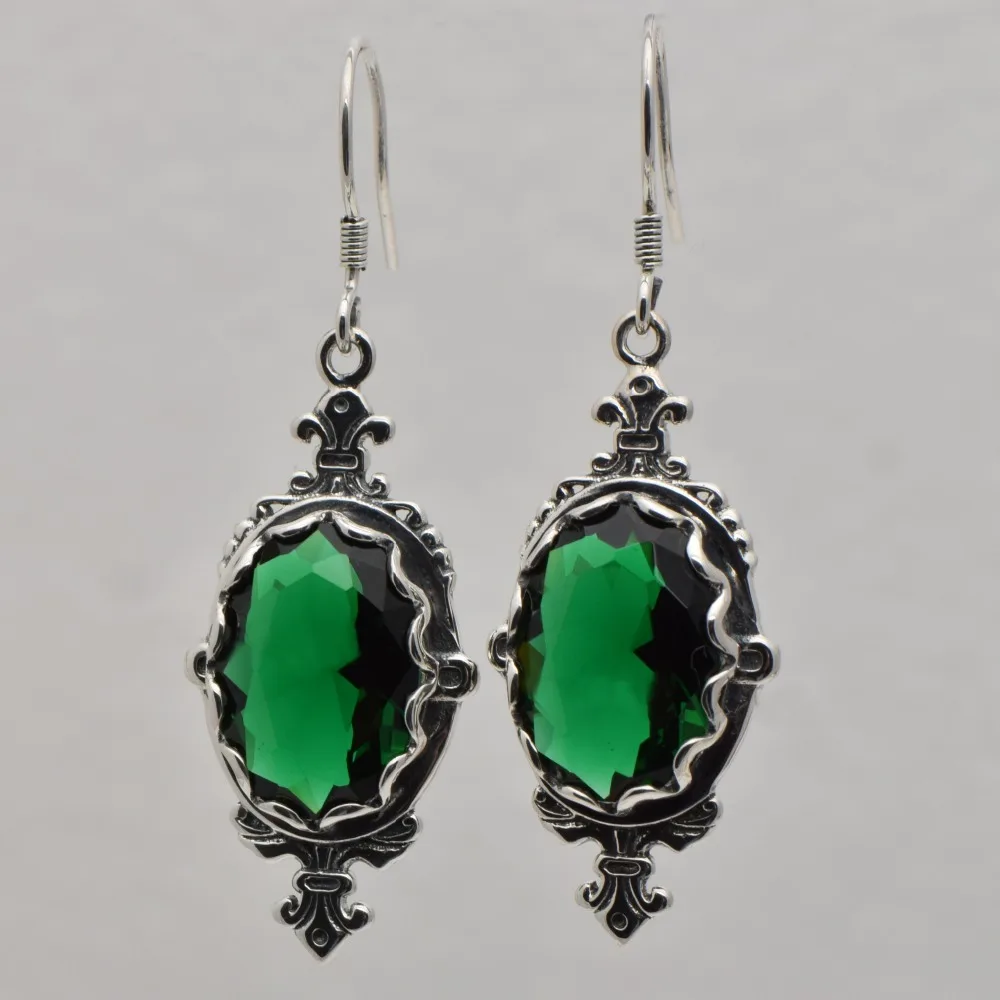 

Free shipping 2015 authentic detonation model 1910 Edward antique 925 sterling silver oval emeralds women long earrings