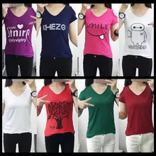 200 p! Женская и Девичья тонкая облегающая футболка с v-образным вырезом из хлопка, с милым принтом, с короткими рукавами, модная Базовая рубашка Джокера