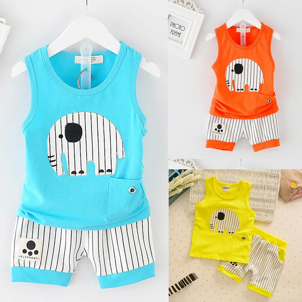 

Kids Summer O-neck Cartoon Style Vest Stripe Shorts Sport Suit
