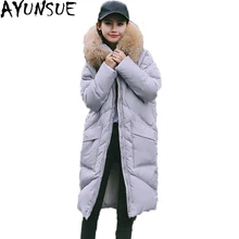 AYUNSUE женская зимняя куртка пуховое пальто с капюшоном 90% белый утиный пух парки натуральный мех енота воротник свободное теплое пальто ST602