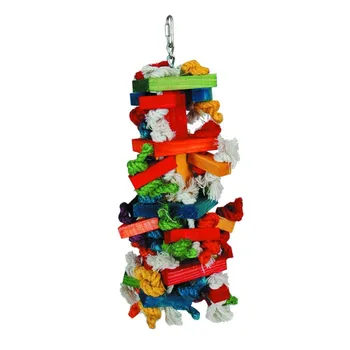 

Bird Parrot Toy Colorful Knot And Block Rainbow Chewing Hanging Toy 2 Size Cotton Rope Wooden Block Biting Parrot Bite Toy