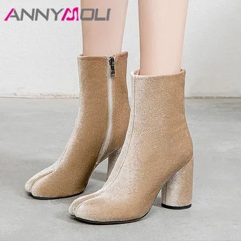 

ANNYMOLI Women Boots Winter Ankle Boots Zipper Round Heels Short Boots Elegant Super High Heels Shoes Ladies Autumn Size 34-39