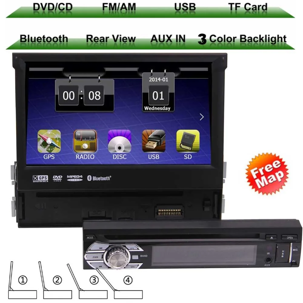 

7" 1 Din Car DVD Player GPS Navigation 1 Din car Auto Radio Audio Stereo DVD GPS Multimedia bluetooth Touch Screen free 8GB map