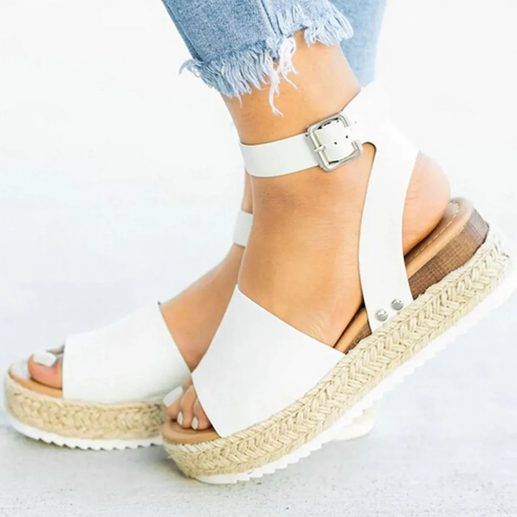 Lurryly Casual Womens Rubber Sole Studded Wedge Buckle Ankle Strap Open Toe Sandals