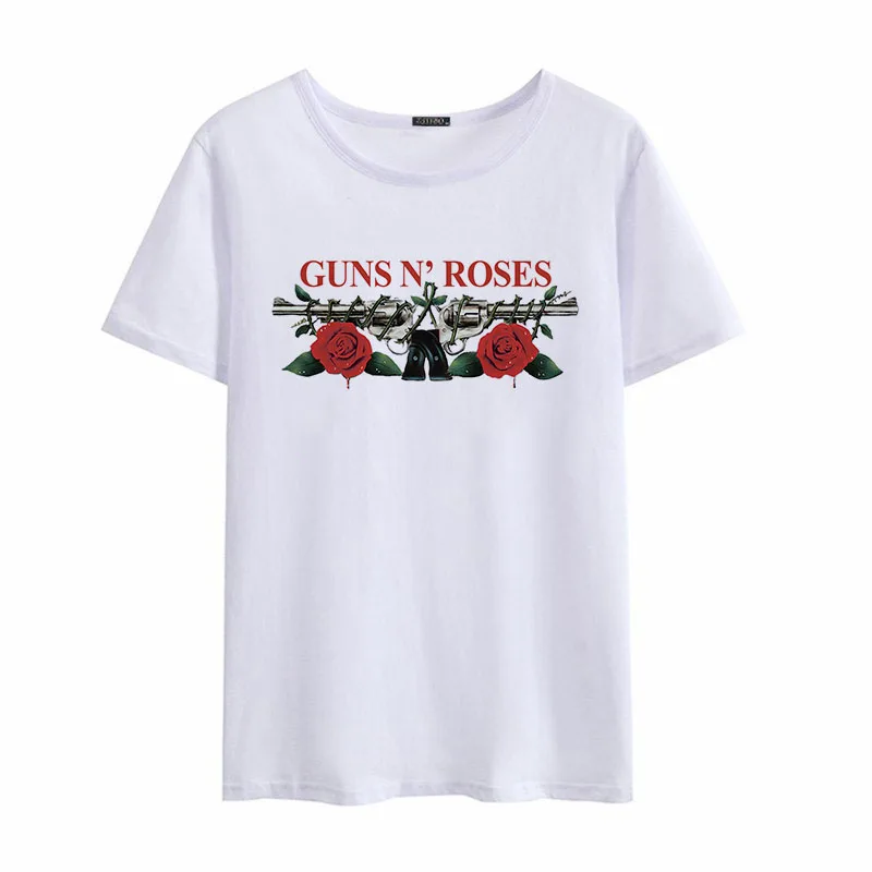 Летние футболки с изображением пистолета розы, новинка, винтажный принт с героями мультфильмов, Harajuku, Женские топы с коротким рукавом и круглым вырезом, Повседневная модная футболка в стиле хип-хоп