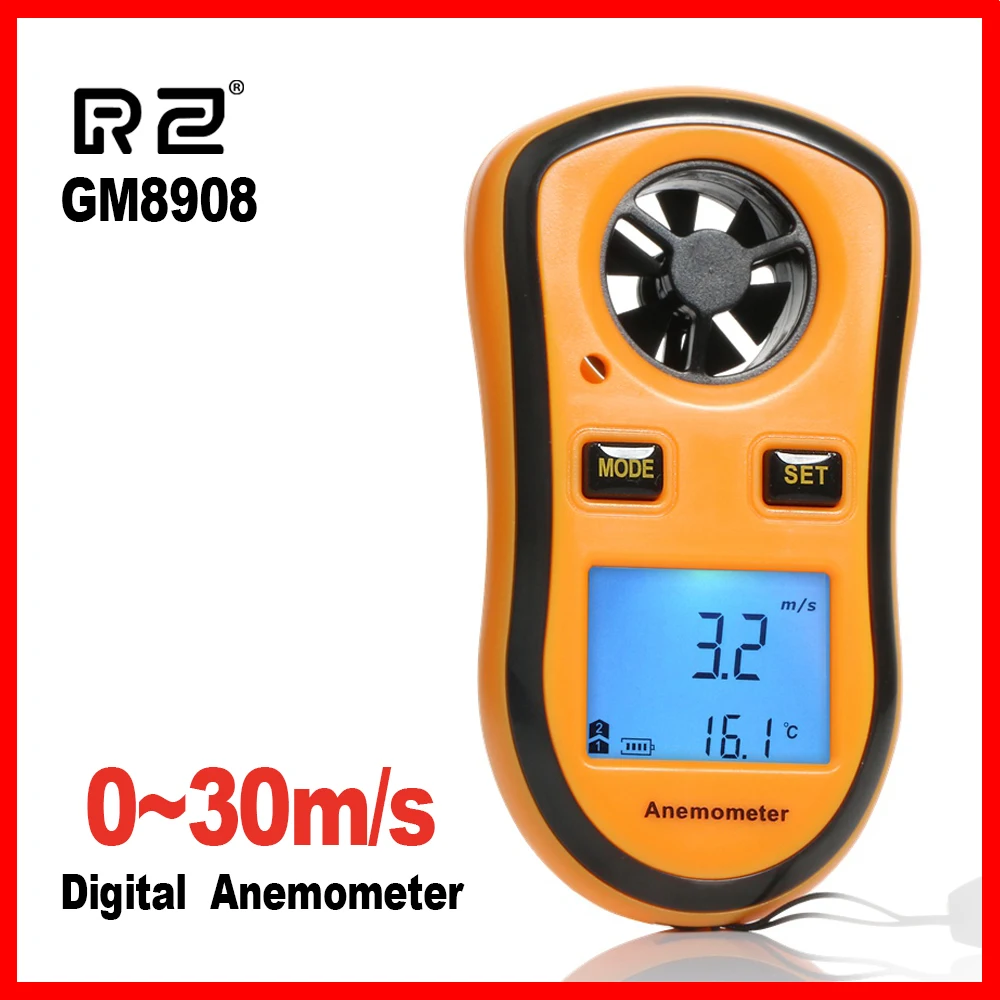 

RZ Wind Speed Gauge Meter Windmeter Portable Anemometer Anemometro Thermometer 30m/s LCD Digital Hand-held Measure toolGM8908