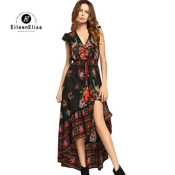 

Vintage Dresses For Women Summer 2018 Fashion Ladies Long Dress V-Neck Irregular Beach Dress Casual