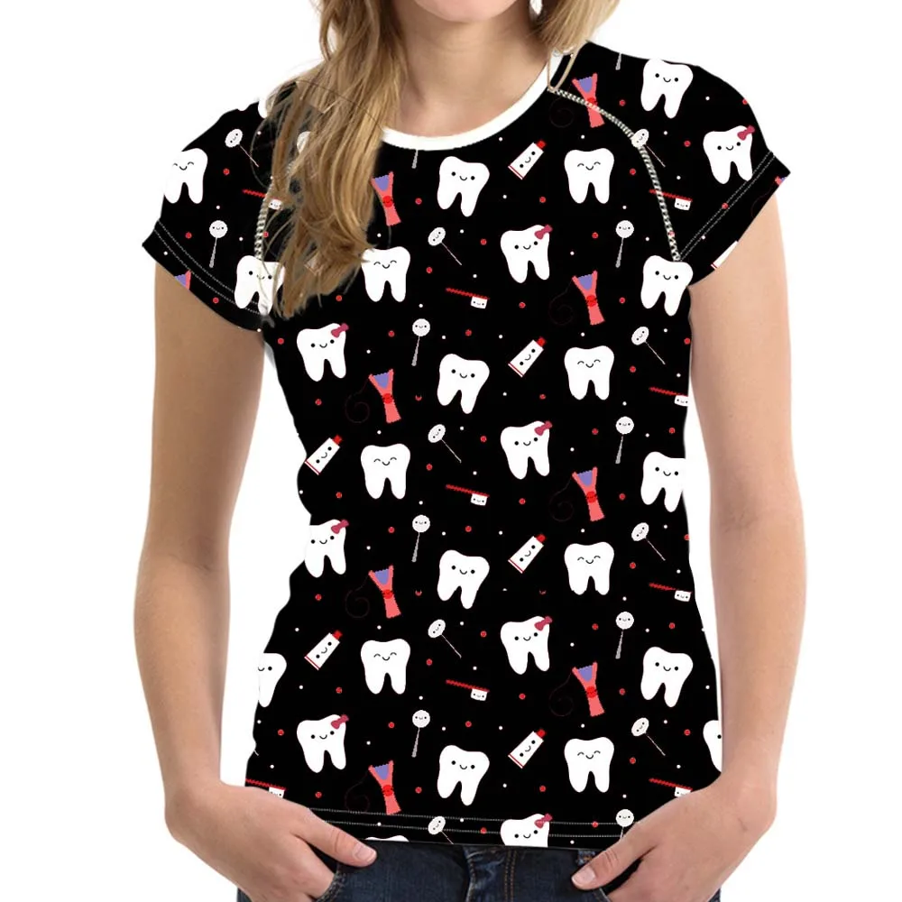 

Funny Cartoon Dentist/Teeth Print Woman Summer Short T-shirts Fashion Brand Girls Black Tops Tee Harajuku T Shirts