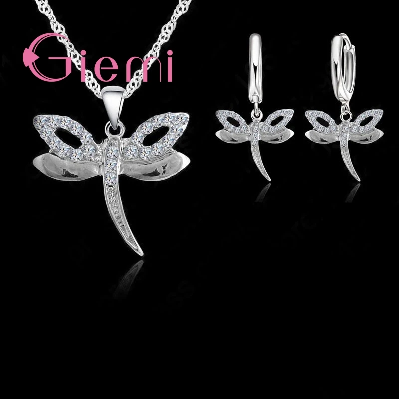 

Sweet Romantic Butterfly Shape Necklace Earrings Cubic Zirconia Engagement Wedding Jewelry Set 925 Sterling Silver