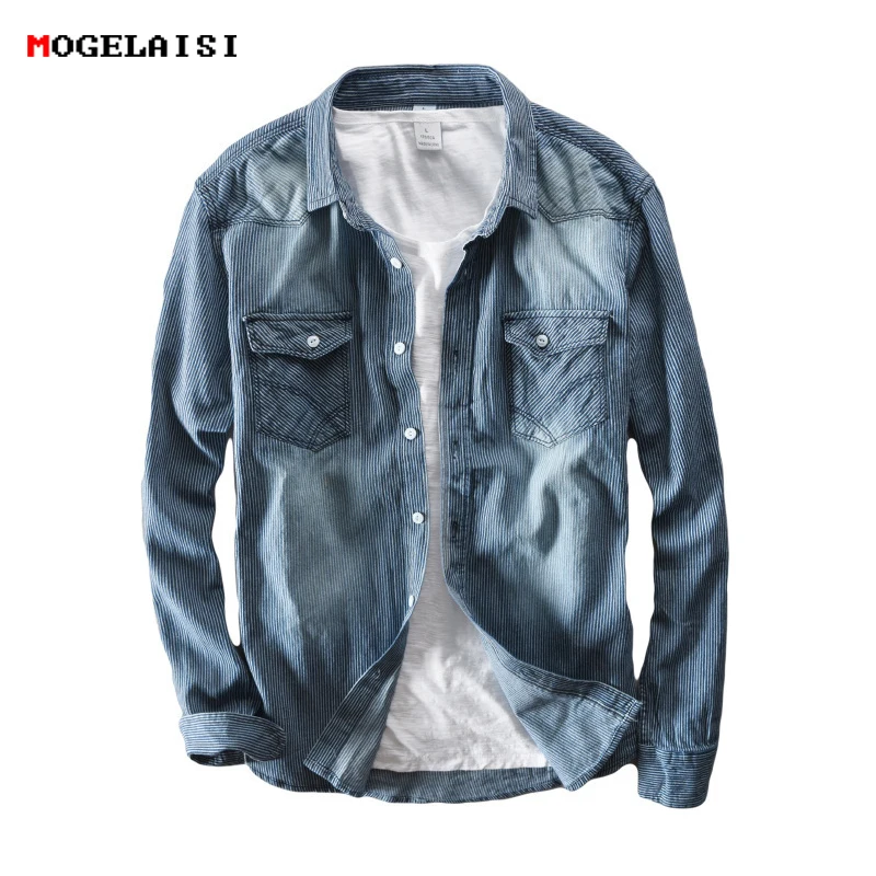 

Jeans Mens Shirts Jeans Blue Striped Man Shirt Pocket Shirts Mens Denim safari style chemise homme camisa masculina M-3XL 371