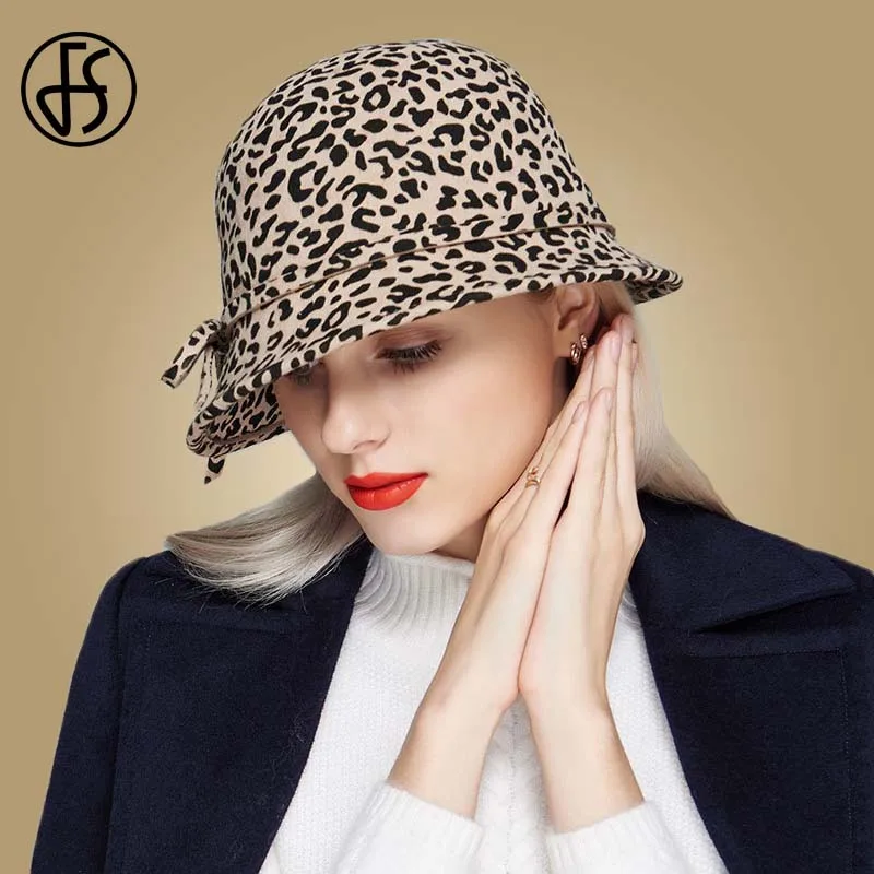 

FS Ladies Australia Wool Fedora Hats Leopard Pattern Floppy Fedoras For Women Winter Felt Bowler With Bowknot Vintage Cloche Hat
