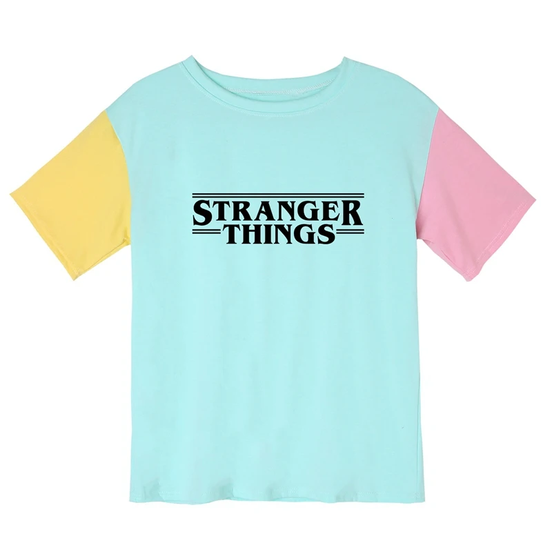 Acheter Hommes d été T Shirt étranger choses coton lettres imprimé T shirt femmes Couple amant unisexe Patchwork Hit couleur hauts livraison directe