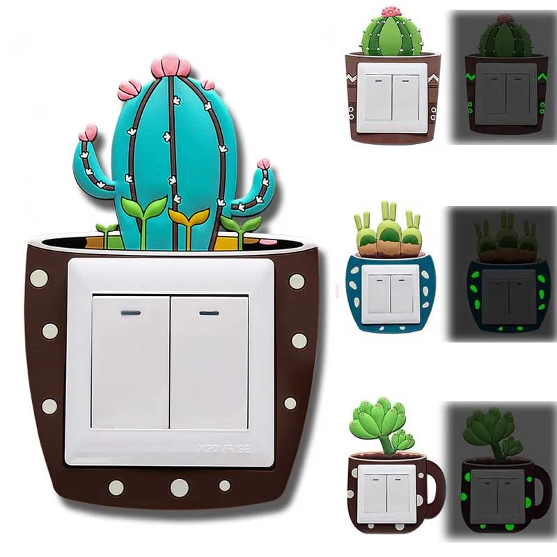 

Luminous Switch Stickers Cartoon 3D Cactus Fluorescent Silicone On-Off Switch Sticker Luminous Switch Outlet Home Decorations