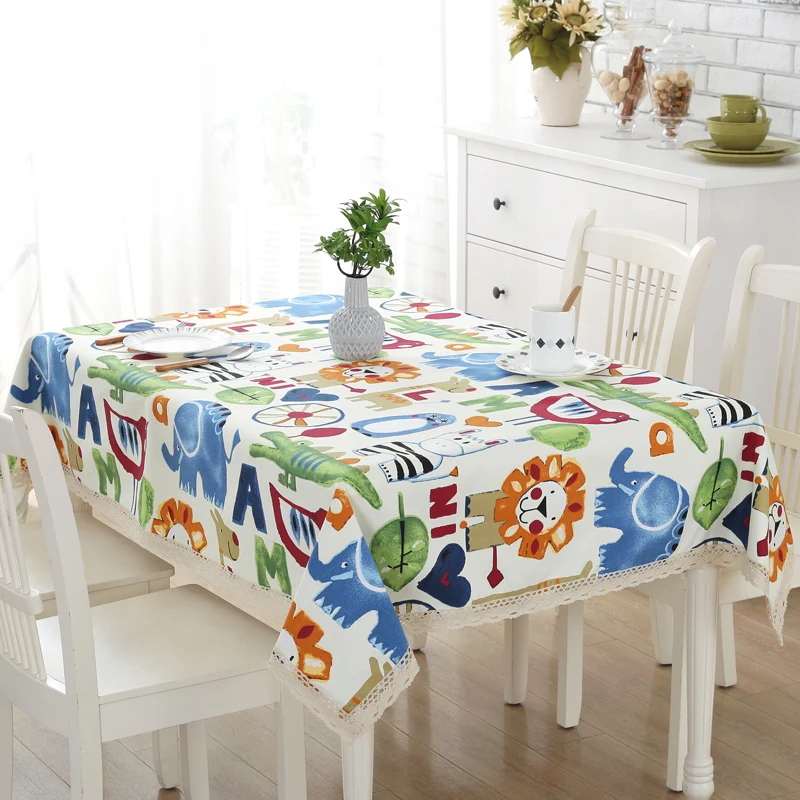 New Arrival Cute Tablecloth Cartoon Zoo Printed Cotton Blending Lace