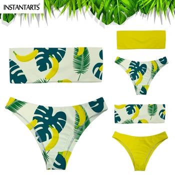 

INSTANTARTS Tropical Leaf Fruit Banana Print Female Yellow Bandeau Bikini Set Summer Sexy Push Up Swimsuits Strapless Beachwear