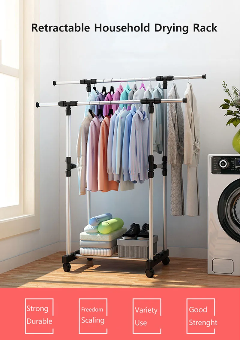 Us 37 99 50 Off Living Room Furniture Double Folding Metal Coat Rack Clothes Rail Hanging Garment Dress On Wheels Rack Bedroom Furniture In