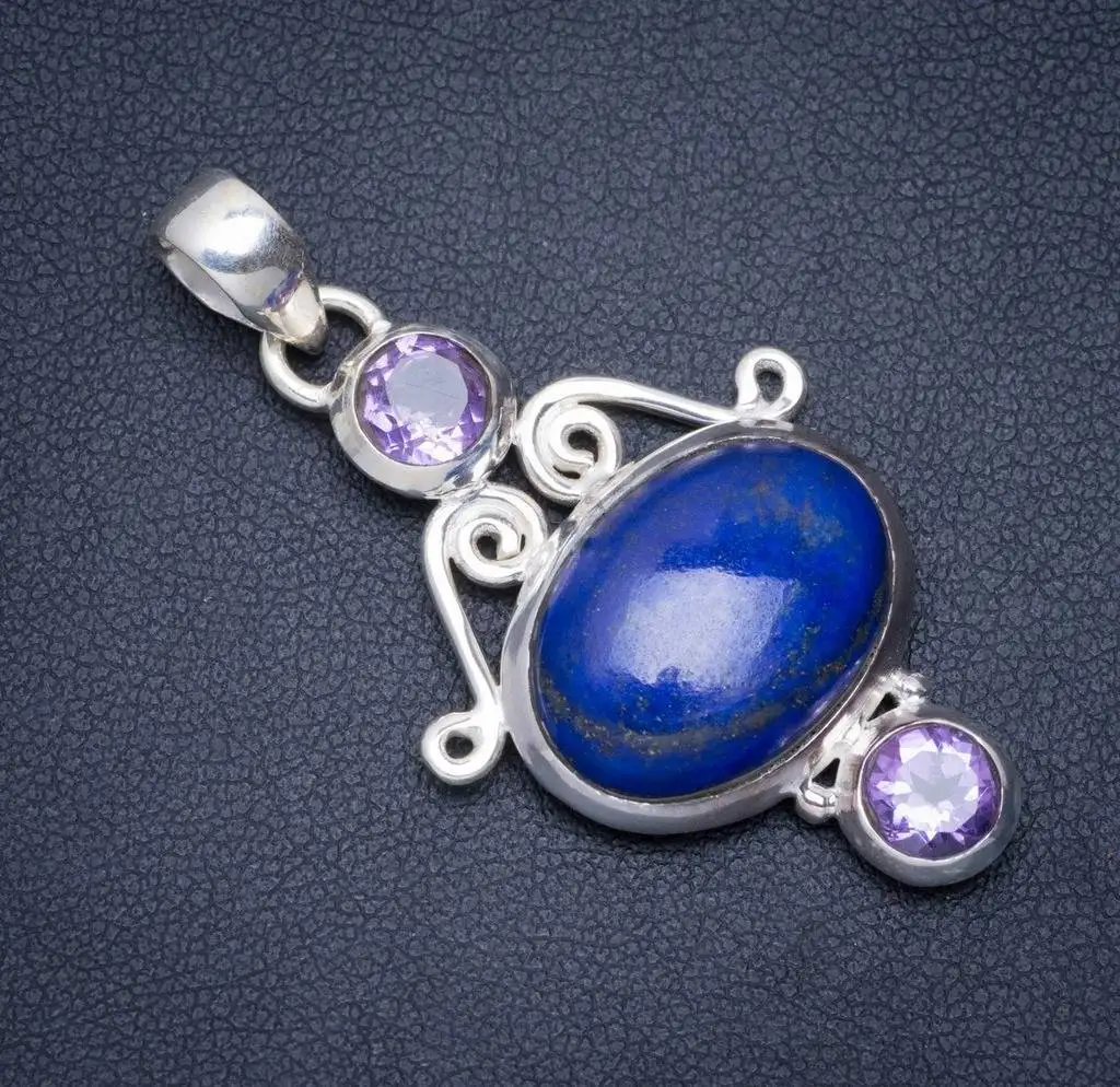 

Natural Lapis Lazuli and Amethyst Handmade Unique 925 Sterling Silver Pendant 2" A0197