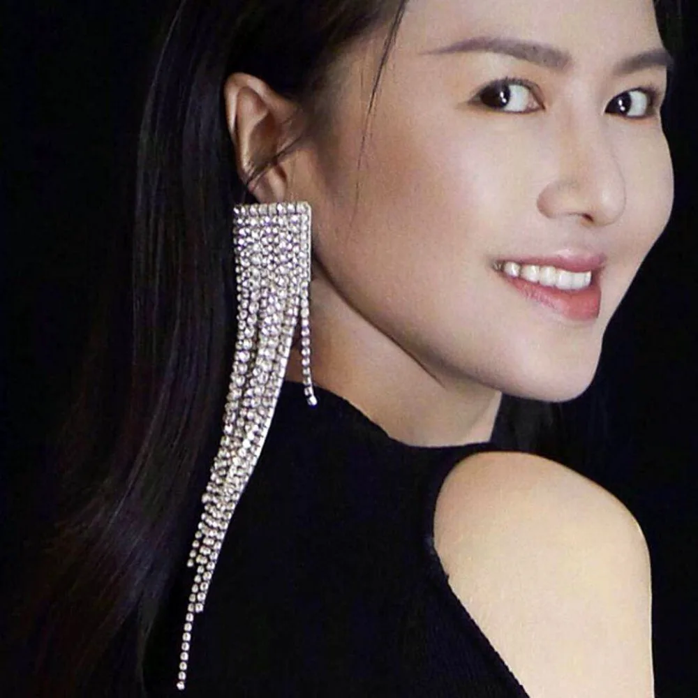 Shiny Rhinestone Long Chain Dangle Earrings for Women Fashion Jewelry New Evening Dress Statement Accessories | Украшения и