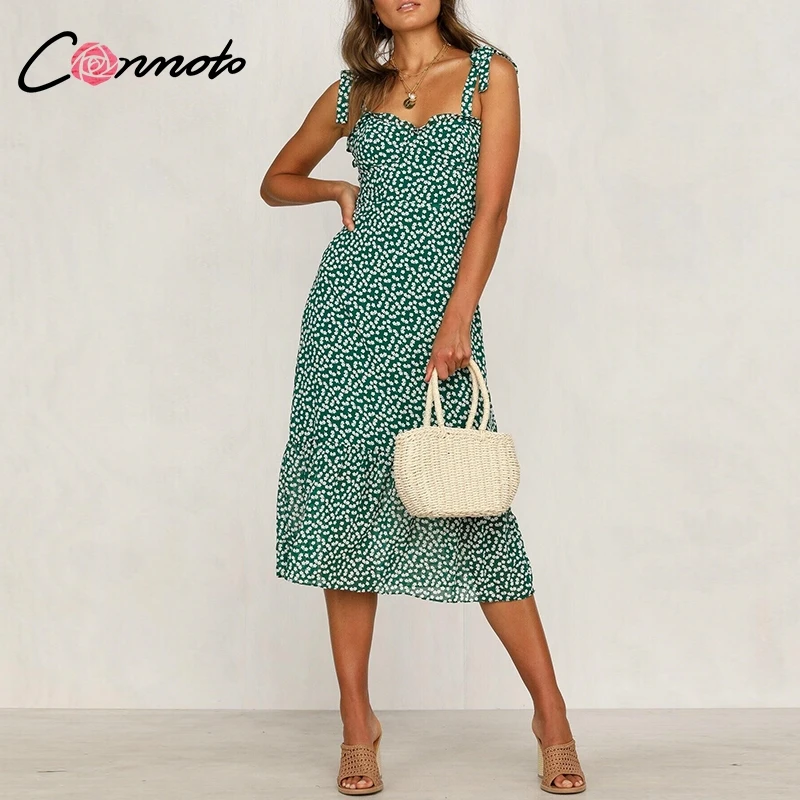 

Conmot 2019 Vintage Spaghetti Strap Green Floral Print Midi Dress Women Summer Casual Sleeveless Holiday Dress Vestidos
