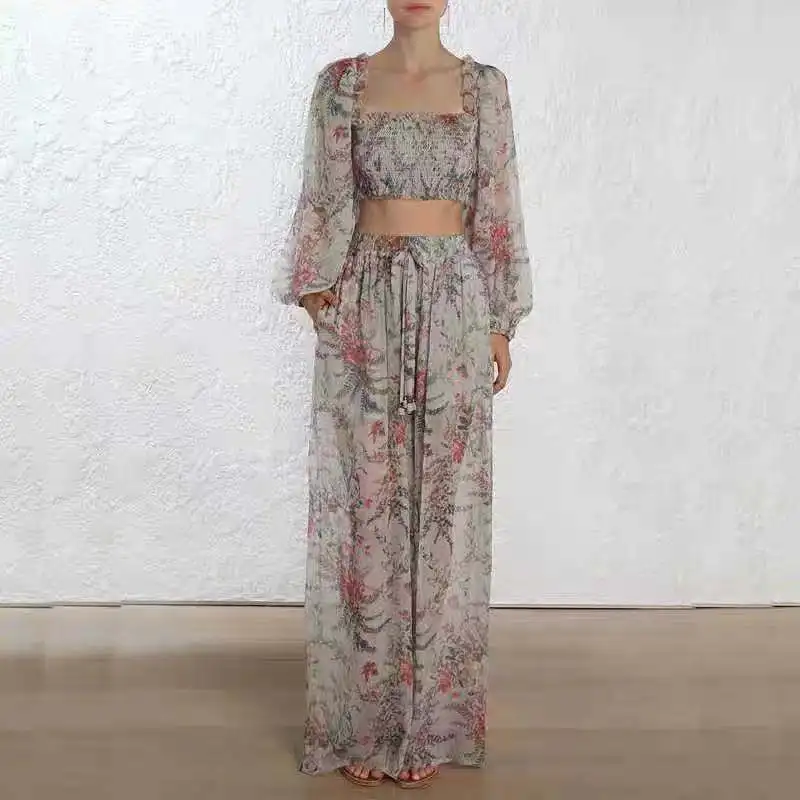 

Banulin 2 piece set women 2019 Spring Summer Off Shoulder Crop Top Floral Blouses +Wide Leg Pants Long Trousers Set Suit