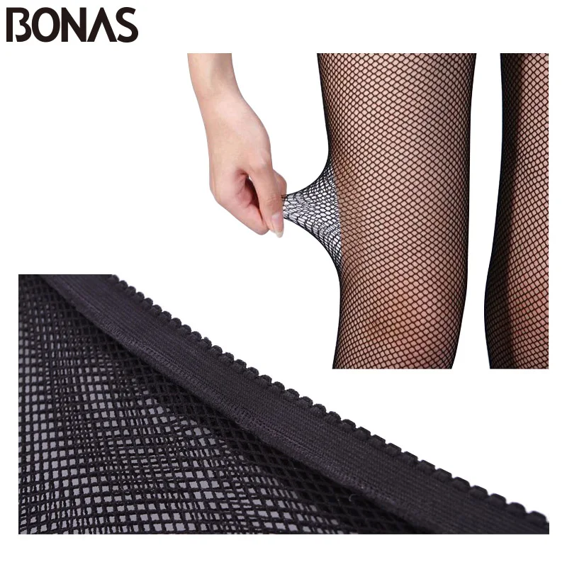 BONAS нейлоновые сетчатые колготки женские тонкие черные модные однотонные