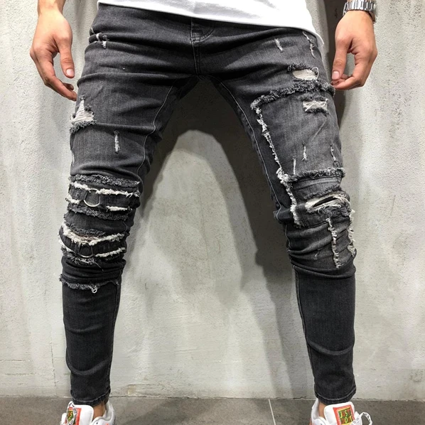 

Mens Designer Brand Black Distressed Jeans Skinny Pencil Pants Ripped Destroyed Stretch Slim Fit Hop Hop Denim Trousers Cool Man