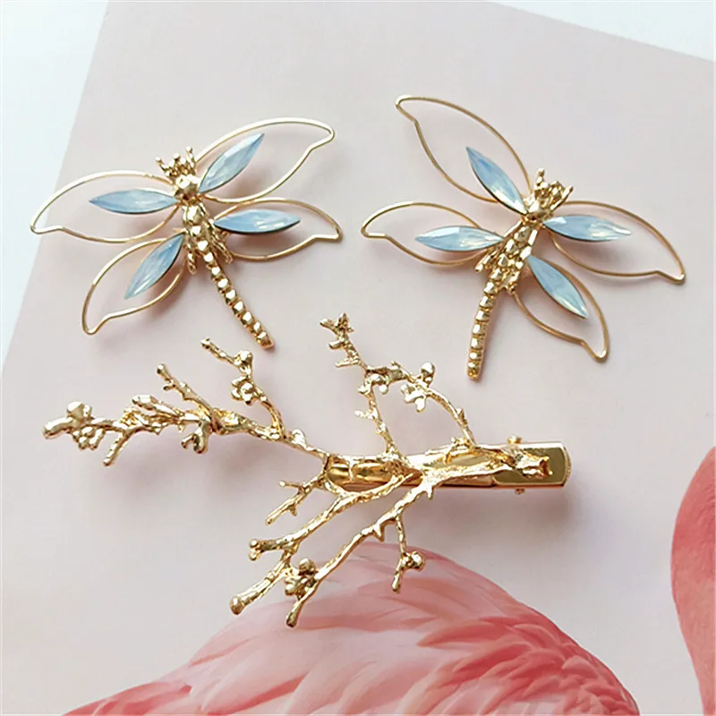 

10 PCS Fashion Metal Alloy KC Gold Crystal Rhinestone Dragonfly Connectors Branches Hairpin Charm DIY Jewelry Findings