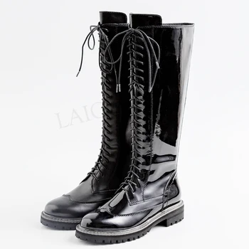 

LAIGZEM FASHION Knee High Boots LEATHER Waterproof Side Zip Chunky Heels Riding Boots Wide Calf Shoes Botines Mujer Size 33-41