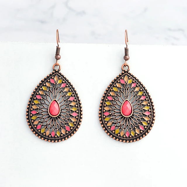 Miss Zoe Bohemian Hollow Red Beads Water Drop Dangle Earrings Miss Zoe Bohemian Hollow Red Beads Water Drop Dangle Earrings Danglers Charm Women