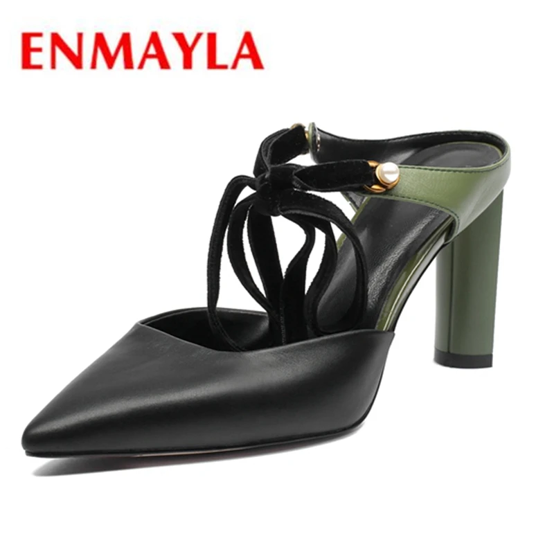 

ENMAYLA Women Pointed toe High heels Female Pump Causal Party Shoes Lace up Slingbacks Rubber Red Green Leaher Shoes women CR361