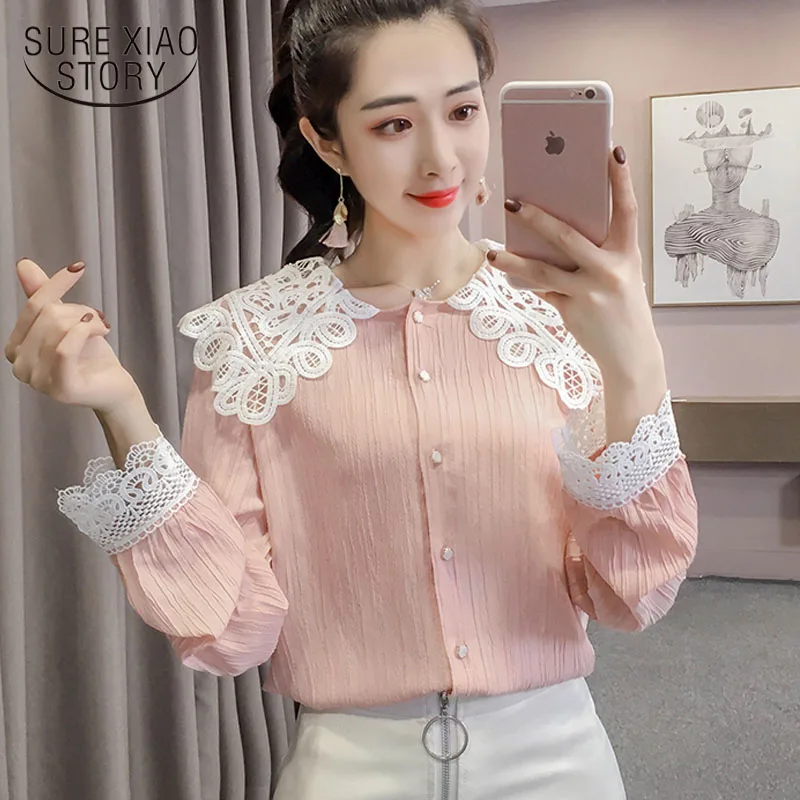 

2019 spring fashion chiffon lace women blouses doll collar long sleeve shirt woman blusas femininas elegante clothes 1997 50