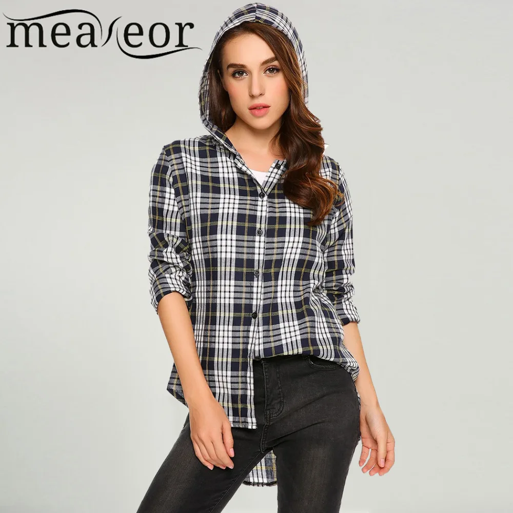 Download Meaneor Women Casual Hooded Long Sleeve Blouse Shirt Plaid ...