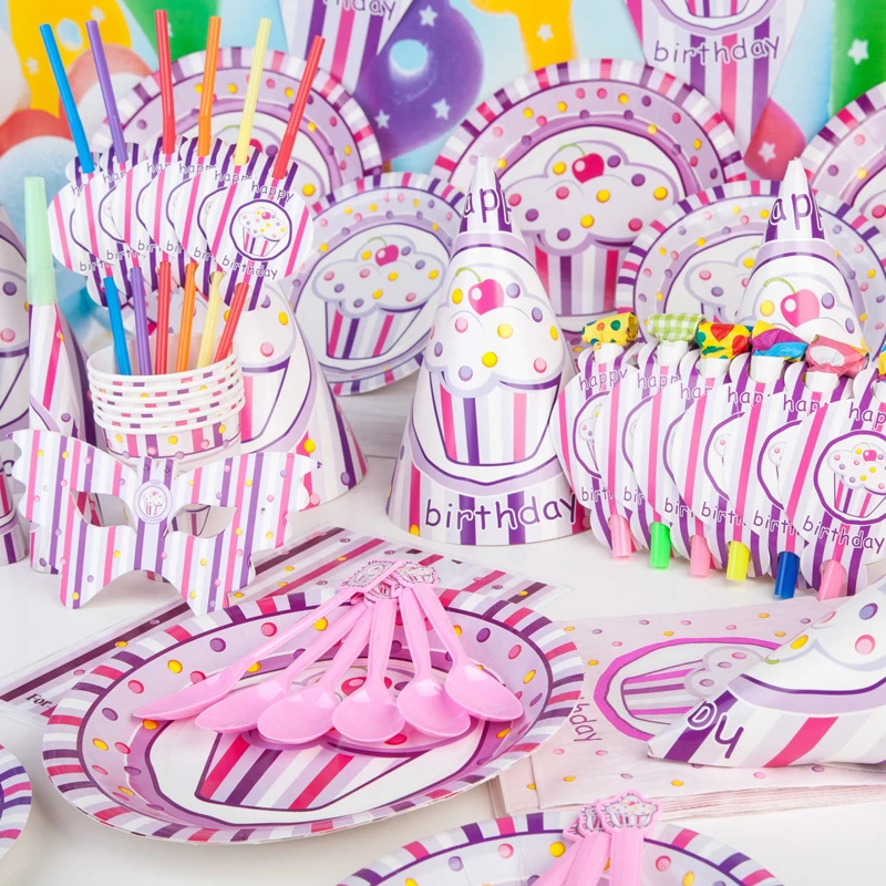 90pcs kids girls disposable paper cups + plates party pack birthday