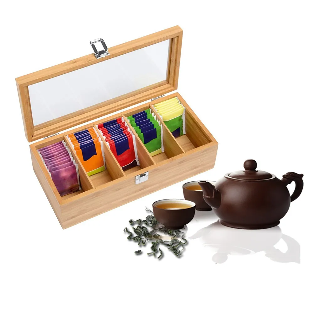 Бамбуковая система, чайный мешок, органайзер для ювелирных изделий, коробка для хранения, 5 отсеков, чайный ящик, органайзер, деревянный пакет сахара, контейнер