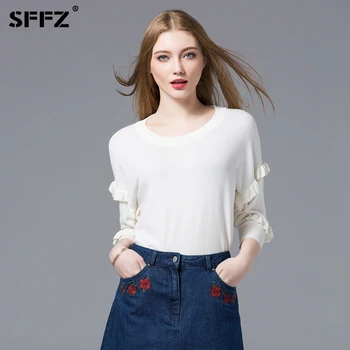 

SFFZ Woman Sweaters and Pullovers Casual Lace Sleeve O-Neck Sweater Solid Winter Simple Spring Summer Pull Femme Knitted Jumpers