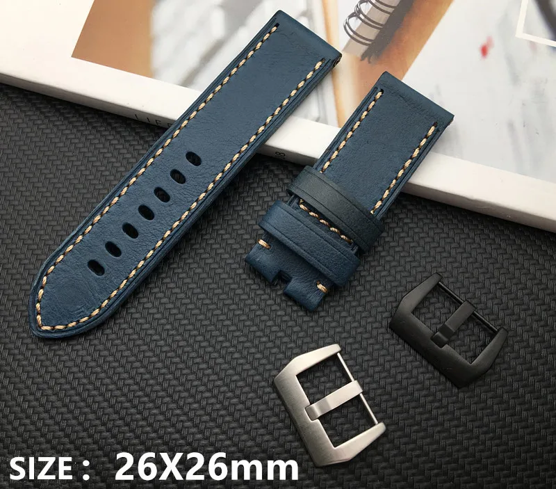 

Italian Genuine soft cow Leather watchband Handmade blue Band Retro Watch belt 24mm 26mm for Panerai strap Man buckle free tools