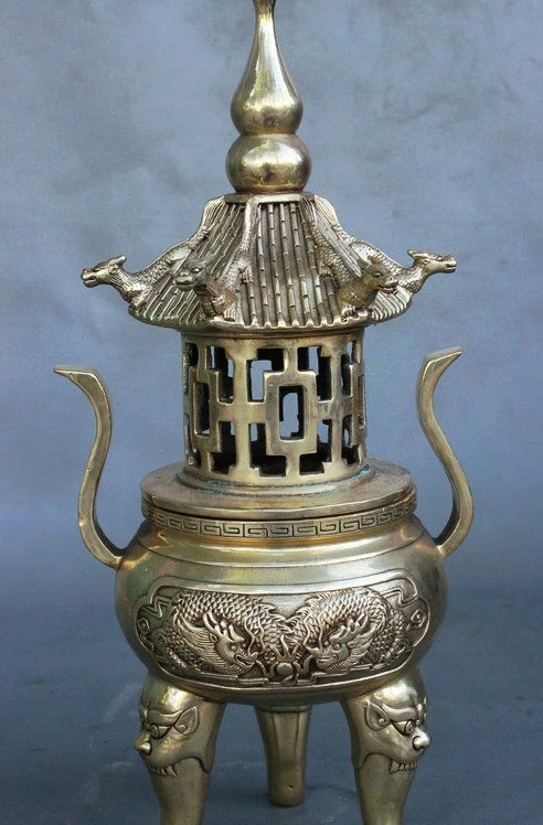

14" China Bronze Dragon Lion Head Pavilion Shape Statue Incense Burner Censer