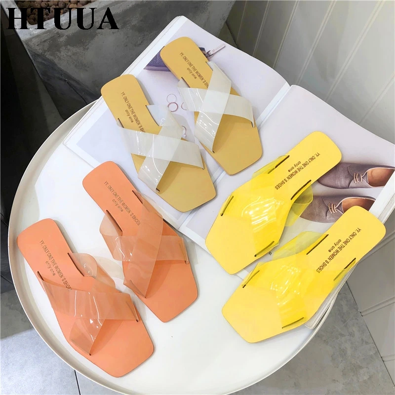 

HTUUA Women Slippers 2019 Summer Shoes Woman PVC Transparent Flat Heel Slides Casual Slip On Flip Flops Beach Sandals SX2694